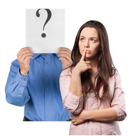  a woman in a pink shirt stands before a man in a blue shirt, whose face is covered by a paper with a question mark