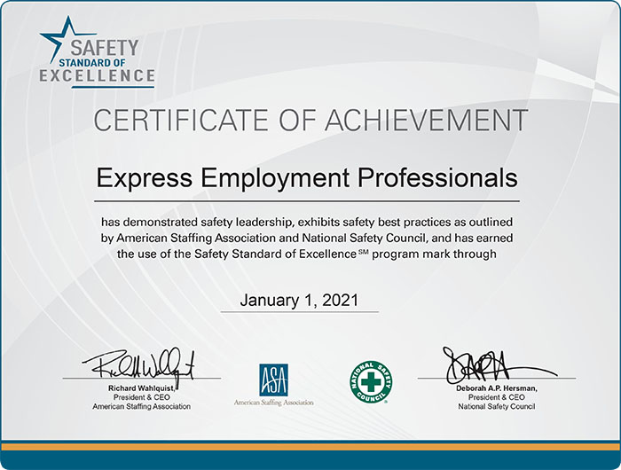 Our employment agency in Colorado Springs, CO's certification of safety acheivement