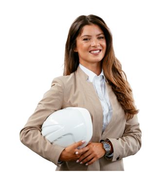 a woman in a tan suit jacket and white dress shirt and watch, holds a white construction hat under one arm