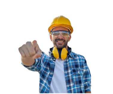 a man in a yellow construction hat and eye and ear protection wearing a plaid shirt points at the camera
