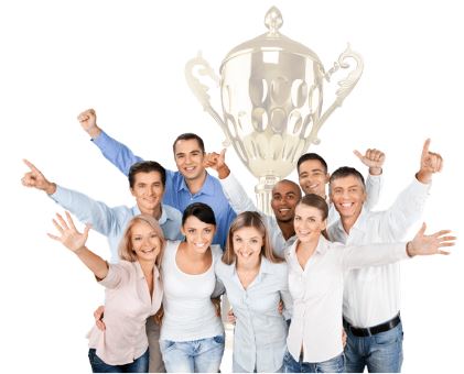 a group of men and woman wearing light coloured blue and white shirts and jeans smile with one arm held out in the air with the image of a trophy behind them