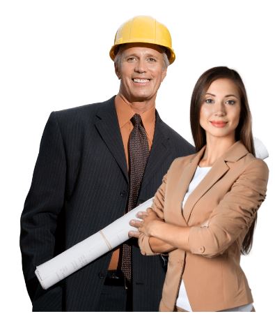  a man in a yellow construction hat and dark suit and tie holding rolled up papers stands beside and slightly behind a woman wearing a tan blazer and white shirt and with crossed arms