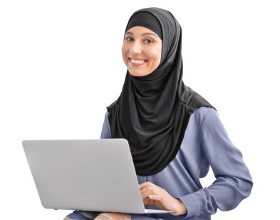 a smiling woman in a black hijab -headscarf- and blue shirt working at a laptop