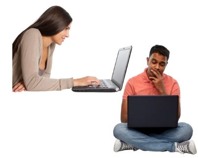 a headshot of a woman with long dark hair on a computer and a dark-skinned man wearing an orange top and jeans sitting cross-legged on a computer
