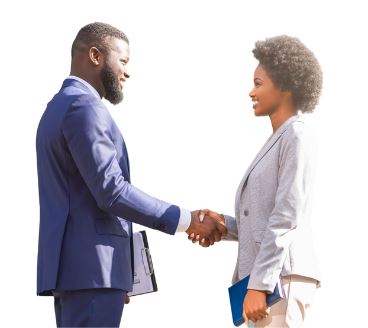  the side profile of a bearded man in a blue suit shaking the hand of a woman with an afro wearing a light coloured suit