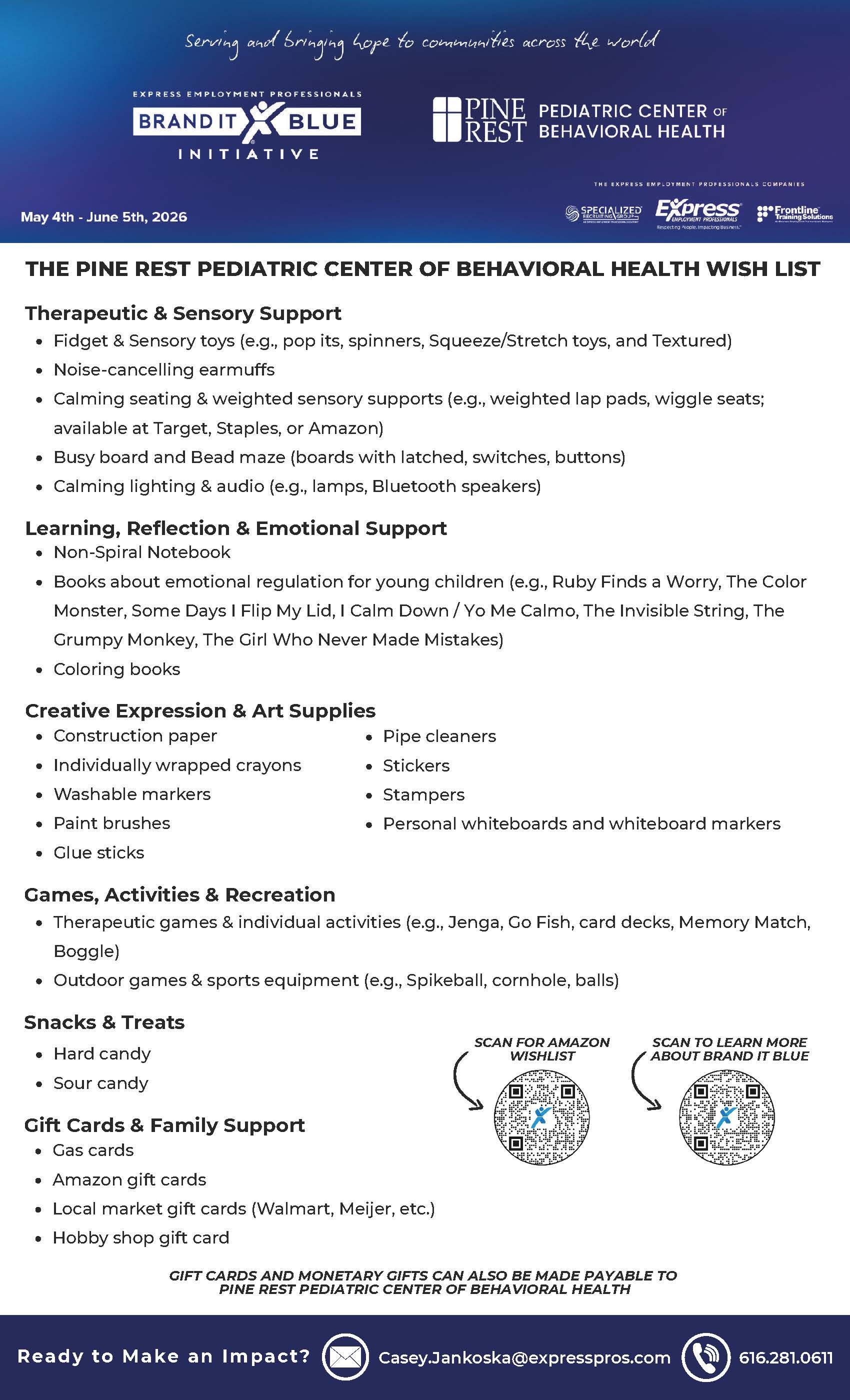 Pine Rest Pediatric Center of Behavioral Health Wish List