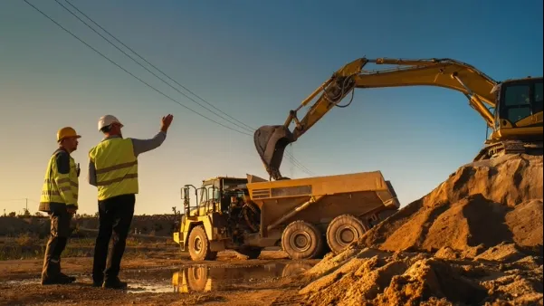 Two adult men in hard hats and high-visibility vests directing an excavator loading dirt into a dump truck at a construction site.