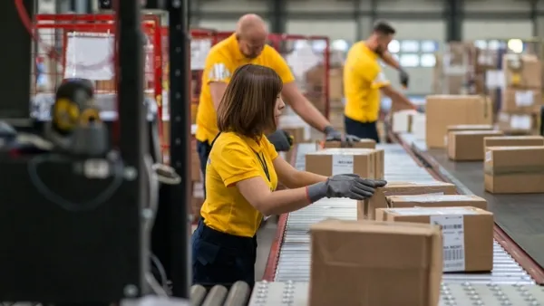 Adult warehouse workers (men and women) in yellow shirts and gloves placing cardboard boxes onto a conveyor belt in a distribution center.