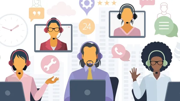 Illustration of three people at laptops wearing headsets: a woman with short hair in a yellow top, a man with a beard in a shirt and tie, and a woman with curly hair in a white top. Behind them are floating icons and screens showing additional headset-wearing figures and symbols for chat, phone, tools, and 24-hour support.