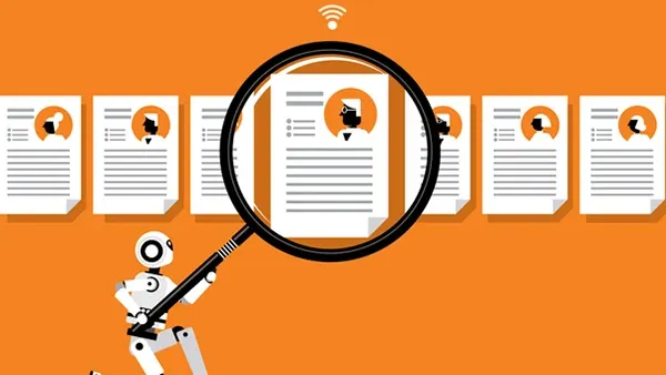 Illustration of a small robot holding a magnifying glass over a row of resume documents, highlighting a candidate profile.