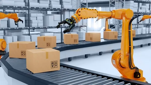 Industrial robotic arm lifting a cardboard box from a roller conveyor inside a modern automated warehouse, showcasing advanced robotics, automation technology, AI-driven logistics in a 3D rendered scene.