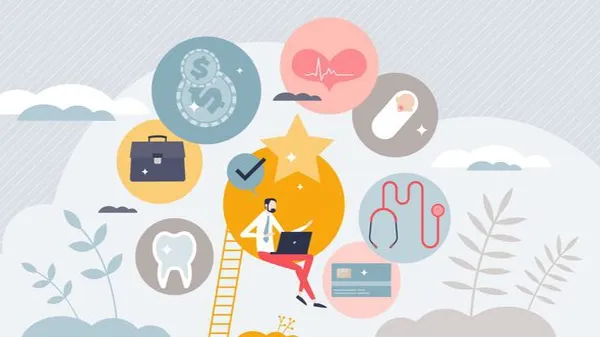 Illustration of a man sitting on a ladder using a laptop, surrounded by icons symbolizing workplace benefits like health, finance, family, and career growth.