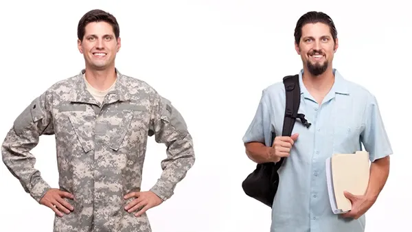 A smiling military member and civilian stand side by side, each holding work materials against a white background.