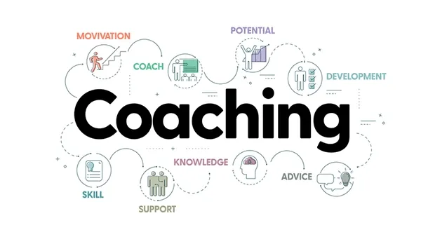 Illustration graphic with the large central word “Coaching,” surrounded by line icons and labeled concepts: “Motivation,” “Coach,” “Potential,” “Development,” “Skill,” “Support,” “Knowledge,” and “Advice.”