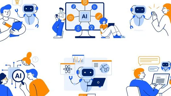 Illustration showing multiple scenes of humans interacting with AI robots. Top left: person holding a tablet with a robot beside them and a lightbulb icon. Top center: two people near a large monitor displaying “AI” with icons for music, documents, and money; one person is standing, the other sitting with a laptop. Top right: person giving a high-five to a robot. Bottom left: two people discussing ideas with an AI symbol between them and connected lines. Bottom center: robot with charts and scientific icons on screens, books in front. Bottom right: person typing on a laptop with chat bubbles above. The design uses blue, orange, and white colors in a flat, modern style.