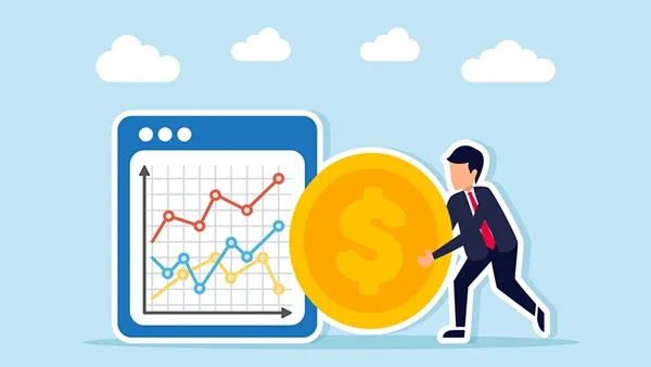 Illustration of a business professional in a dark suit with a red tie pushing a large gold coin with a dollar symbol beside a chart dashboard showing multicolored upward and downward trend lines on a light blue background.