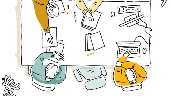 Illustration: top-down view of four adults (men and women) seated around a table collaborating, wearing casual tops in yellow, teal, and neutral tones, writing on papers with pens and laptops nearby.