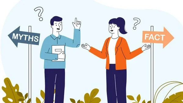 Illustration of two people standing between directional signs labeled “MYTHS” (left) and “FACT” (right). One person wears a blue shirt and dark pants, holding a book and raising a hand; the other wears an orange jacket over a white top with dark pants, gesturing with open hands. Question marks appear above their heads, with green plants at the bottom.