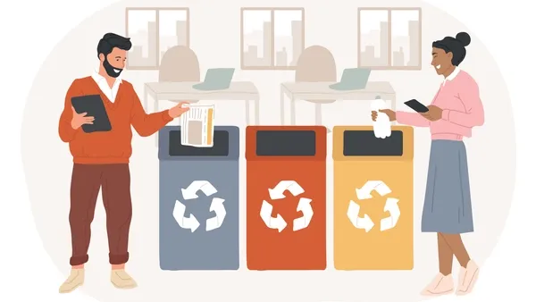 Illustration of a man in a red sweater and brown pants holding a tablet and placing papers into a blue recycling bin, alongside a woman in a pink top and blue skirt holding a phone and throwing a tissue into a yellow bin. Three bins—blue, red, and yellow—each display a white recycling symbol, set in an office with desks and laptops in the background.