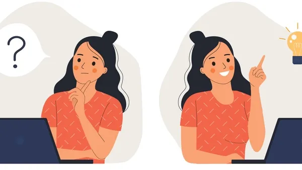A digital illustration showing two scenes of a woman with long dark hair sitting at a laptop. In the first scene, she wears an orange patterned shirt and rests her chin on her hand with a question mark displayed beside her. In the second scene, she raises one finger as a lit lightbulb appears above her, suggesting an idea.
