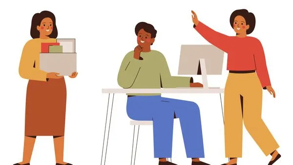 Illustration of three people in an office setting: a woman in a yellow top and brown skirt holding a box of folders, a man in a green shirt and blue pants sitting at a desk with a computer, and a woman in a red top and yellow pants standing beside him with one arm raised as if explaining something.