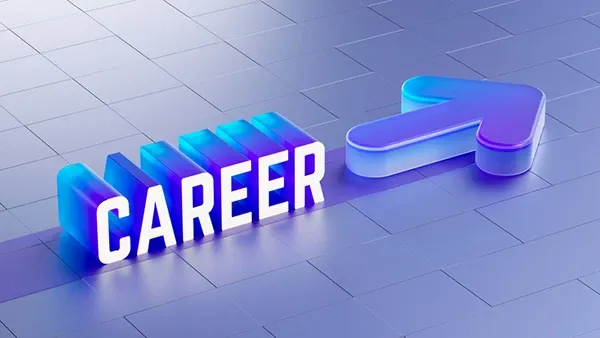 Illustration of glowing 3D text “CAREER” on a tiled floor with an upward blue-purple arrow pointing forward; text: “CAREER”.