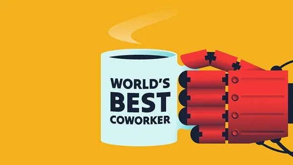 Robotic AI hand holding a “world’s best coworker” mug, representing generative AI as a supportive workplace partner that enhances human productivity rather than replacing workers, shown in a modern vector illustration.
