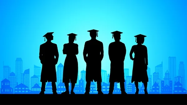 Illustration of five silhouetted graduates wearing caps and gowns, standing in front of a blue city skyline against a blue gradient background.