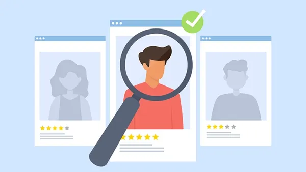 Illustration showing three profile cards with illustrated adults; the center card features a male-presenting person wearing a coral shirt, highlighted by a magnifying glass and a green checkmark, while two faded profile cards with star ratings appear behind, suggesting candidate selection or hiring.