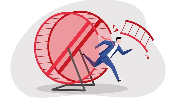 Illustration of a person in a business suit running on a large red hamster wheel that is breaking apart, with pieces flying off. The abstract gray and white background emphasizes the concept of burnout, overwork, and the unsustainable pace of infinite workdays. The image visually represents the struggle to maintain work-life balance and the urgency of setting boundaries in modern workplace culture.