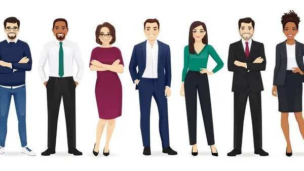 An illustration of nine faceless individuals standing in a row. They are dressed in various professional and casual outfits, including suits, dresses, and casual wear. The background is plain white.