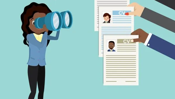 Illustration of a black woman in business attire holding binoculars with a question mark above their head, looking at three hands presenting CVs with profile pictures. The background is light blue.