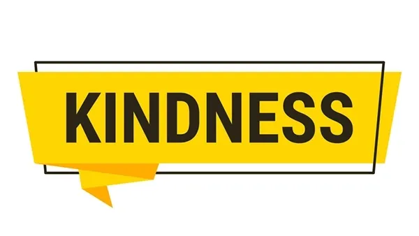 Illustration: bold yellow banner graphic with the word “KINDNESS” in black uppercase letters.