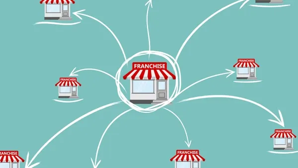 Illustration of a central storefront labeled “FRANCHISE” with white arrows radiating outward to multiple smaller storefronts, each also labeled “FRANCHISE,” showing a hub-and-spoke franchise network on a teal background.