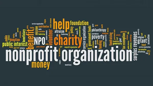 Word cloud centered around the theme of nonprofit organizations, featuring prominent terms like 
