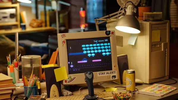 Photo of a cluttered desk with a retro computer setup. The CRT monitor displays a pixelated space-invader-style game with the text “Your score: 388” at the top. A sticker on the monitor reads “STAY ALERT!”. The desk has a joystick, keyboard, notebooks, pens in holders, sticky notes, a soda can, and a bowl of colorful candy. A desk lamp and small fan are attached to the computer tower. In the background, shelves with books, a radio, and a couch are visible, along with hanging clothes and a refrigerator.