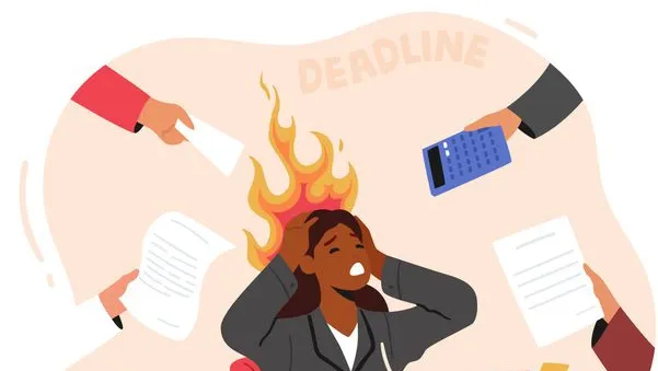 Illustration of a Black woman sitting at a cluttered desk with flames coming from her head, surrounded by hands holding work items, symbolizing stress and looming deadlines.
