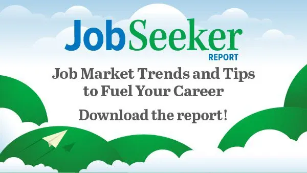 Illustration featuring green paper airplanes flying among white clouds against a blue sky. Text reads: “Job Seeker Report. Job Market Trends and Tips to Fuel Your Career. Download the report!