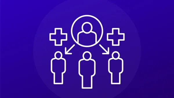 Illustration of a central person icon with arrows pointing to three smaller person icons below, flanked by plus signs, on a purple gradient background.