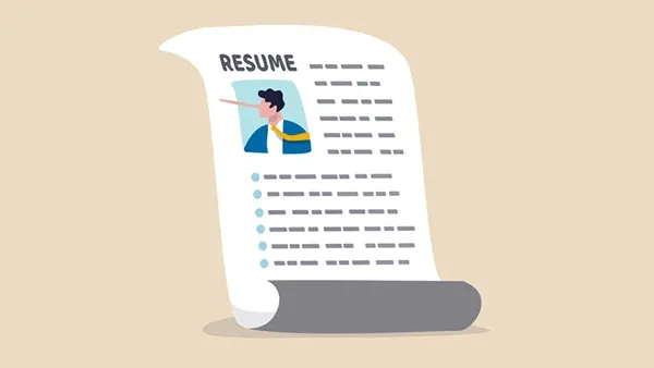Illustration of a rolled resume document with a small portrait of a person wearing a blue jacket and yellow sash, lines representing text, and the word “RESUME” at the top. Text: “RESUME”.