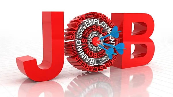 3D illustration of large red letters “JOB” with a target made of career-related words and several blue darts hitting the center. Visible words include “JOB,” “EMPLOYER,” “BONUS,” “CAREER,” “SKILLS,” “SALARY,” “WORK,” “EXPERIENCE,” and “BALANCE.”