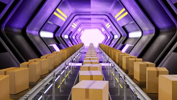 A logistics tunnel with conveyor belts moving rows of cardboard boxes toward a bright dispatch point, illuminated by purple and yellow lights. The high‑tech setup evokes peak‑season fulfillment, with automated systems pushing a steady flow of packages through a streamlined, high‑volume distribution environment.