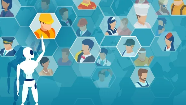 Illustration of a white robot pointing toward a grid of hexagons displaying diverse illustrated workers. The workers include male‑ and female‑presenting characters in various uniforms such as construction gear, medical attire, business suits, aviation uniforms, and culinary outfits. The background features abstract world map shapes and hexagonal patterns.