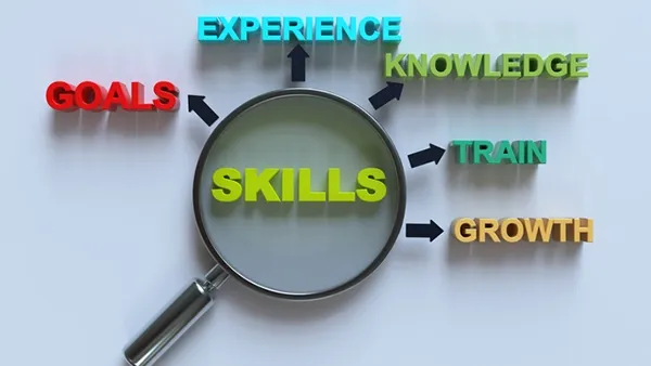 Photo of a magnifying glass highlighting the word “SKILLS” at the center, with surrounding words connected by arrows: “EXPERIENCE,” “KNOWLEDGE,” “TRAIN,” “GROWTH,” and “GOALS,” displayed on a light background in colorful, three‑dimensional text.
