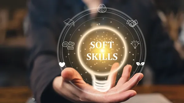 Soft skills words in a light bulb. Job hiring and career search for. Self-motivation, development, improvement, and achievement. Soft skill strategy ability analysis. Growth mindset of an employee.