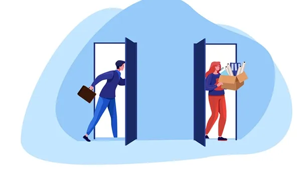 Illustration of a man in a blue sweater and pants holding a briefcase stepping through a door on the left, and a woman with red hair wearing a blue top and red pants carrying a box of rolled papers through a door on the right, set against a light blue abstract background.