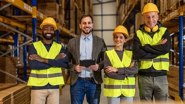 Warehouse team collaborating in a calm, organized workspace, illustrating balanced workloads, supportive leadership, and efficient supply chain operations designed to reduce burnout and improve performance incentives.