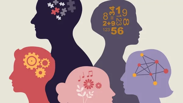 Illustration of five overlapping human head silhouettes in different colors, each facing sideways, with symbolic icons inside the heads including puzzle pieces, gears, musical notes and flowers, numbers and equations, and connected nodes, representing diverse ways of thinking.