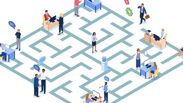 Illustration of an office maze with male‑ and female‑presenting workers of varied hair colors and clothing styles positioned around and inside the maze. Some sit at desks with computers, others stand talking, walking, or holding documents. Speech bubbles and small office icons appear around the scene.