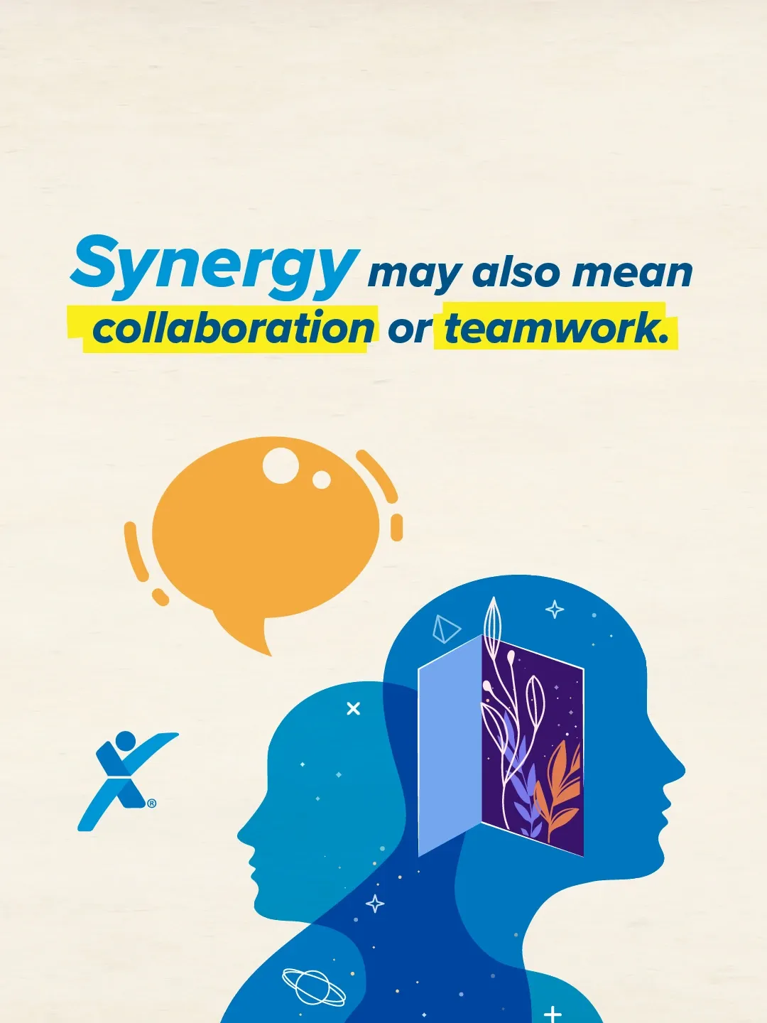 Illustration with text: “Synergy may also mean collaboration or teamwork.” Two overlapping blue human silhouettes with an open door and plants inside one silhouette, a yellow speech bubble, and the Express logo.